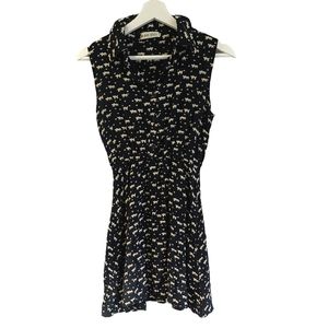 Korean Brand Dark Navy and Cream Cat Print Mini Dress XS